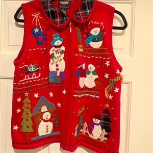 Studio Joy Christmas‎ Cardigan Women's M Embroidered Snowman Snowflake Sweater